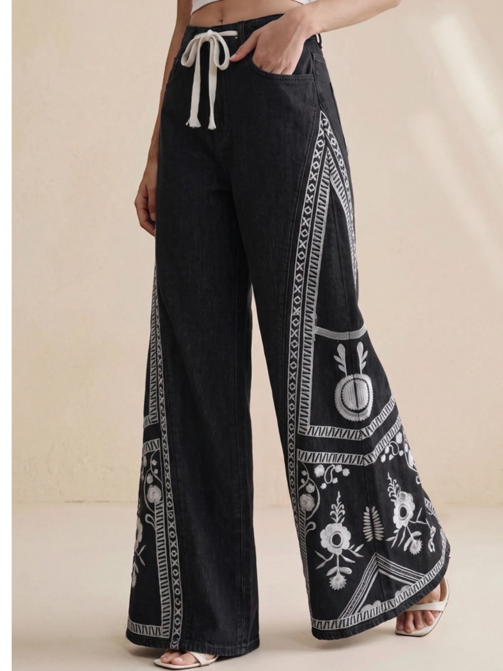 Western Floral Embroidered Wide Leg Denim Jeans Pants